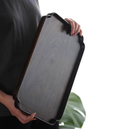 cherry wood serving tray with black lacquer